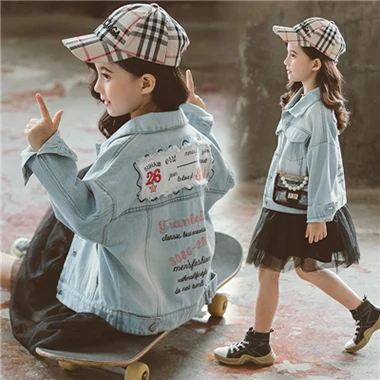 Blue Pattern Детская джинсовая куртка для девочек, детские хлопковые однотонные джинсы с ремешком на спине, верхняя одежда, пальто, одежда для девочек-подростков, джинсовые куртки 10, 12, 14 - Цвет: Blue Pattern