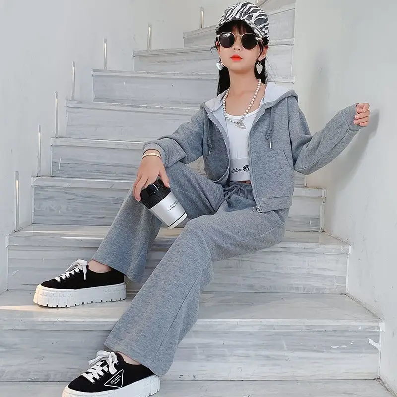 

Girls Teenage 6 8 10 12 14 Year 2022 Children Clothing Suit Clothing Sets Teen Girls Long Top+Wide Leg Pants Loose 2Pcs Set