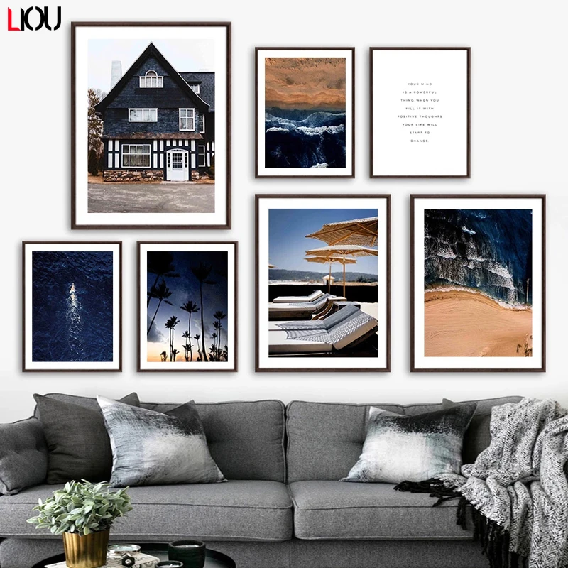 Океан пляж кокосовое дерево горная стена Картина на холсте скандинавские