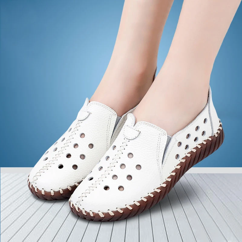 

Cozy White Hollowed Moccasins Women's Genuine Leather Ballet Flats Breathable Loafers Woman Mom Soft Casual Flat Driving Shoes