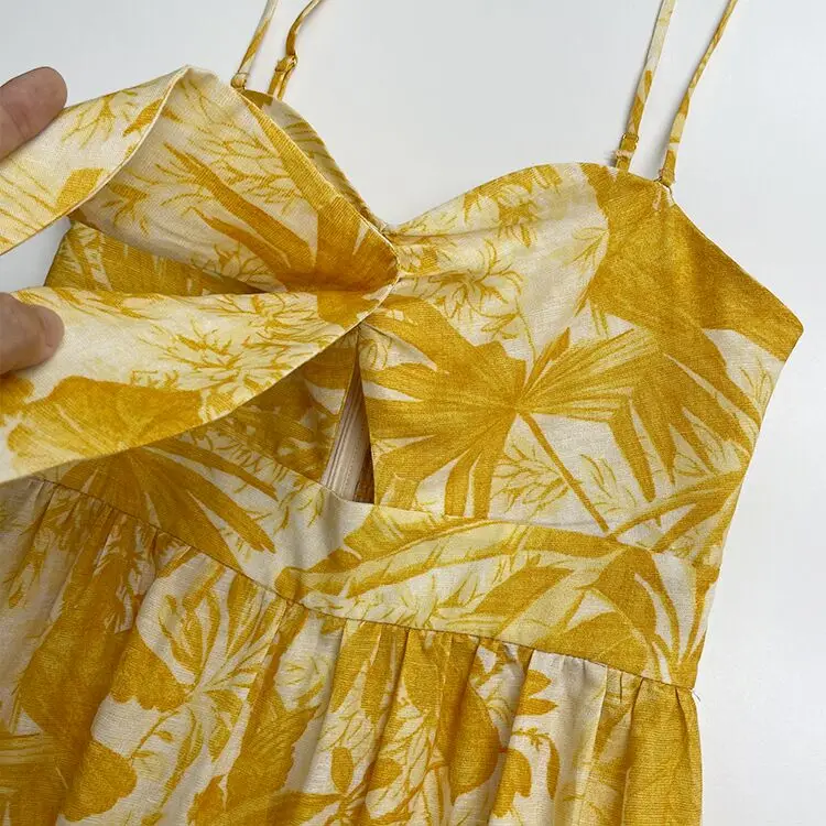 

100% Linen Women Sling Dress Sleeveless Hollow Out Yellow Bohemian Spaghetti Strap Maxi Dresses 2021 New Summer