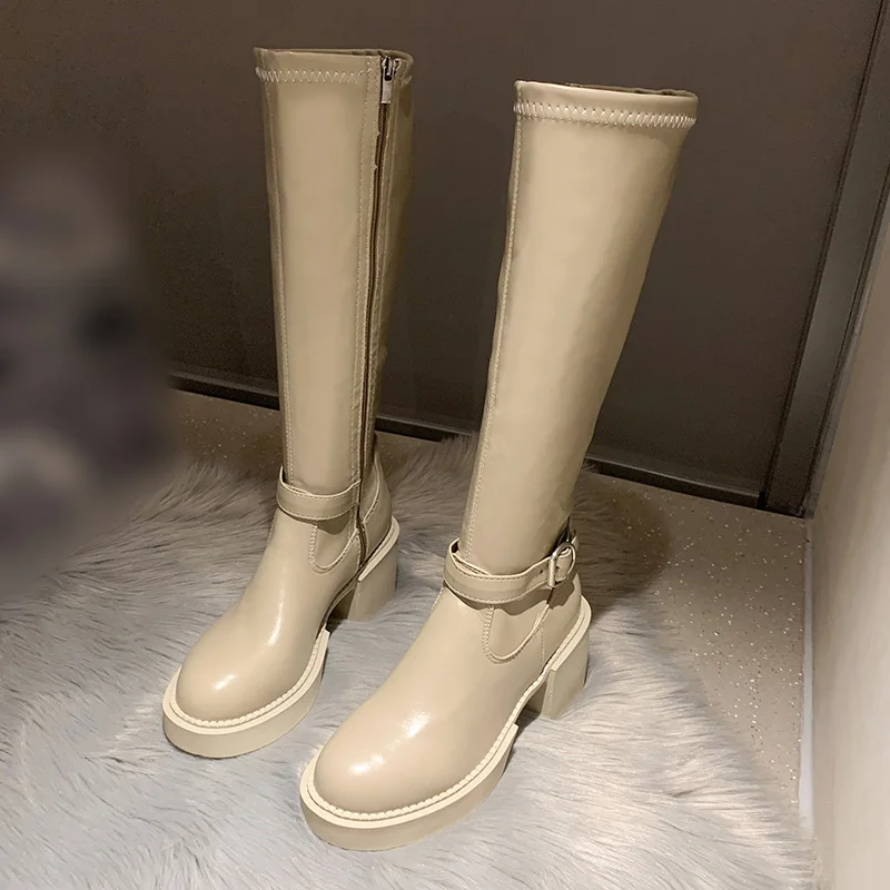 

Women Long Boots Block Heels Autumn Knee High Boot PU Leather Ladies Shoes Platform Zipper Fashion Thick Heels Footwear New 2021
