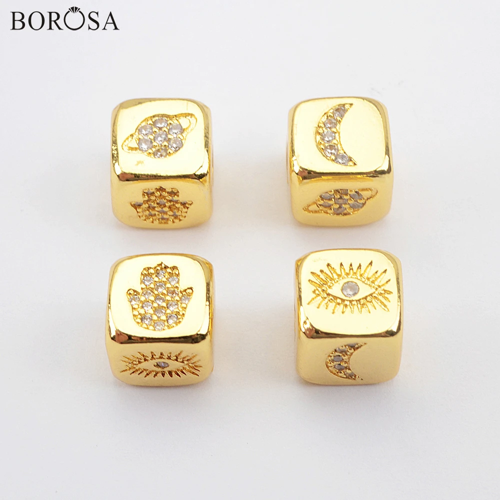 BOROSA Moon Pattern CZ Micro Pave Different Patterns Metal Beads for Jewelry Making Square Shape Gold Bracelets WX1338 | Украшения и