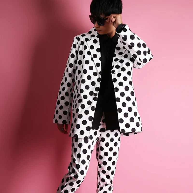 Мужской костюм в Корейском стиле желтый черный белый свободный пиджак горошек