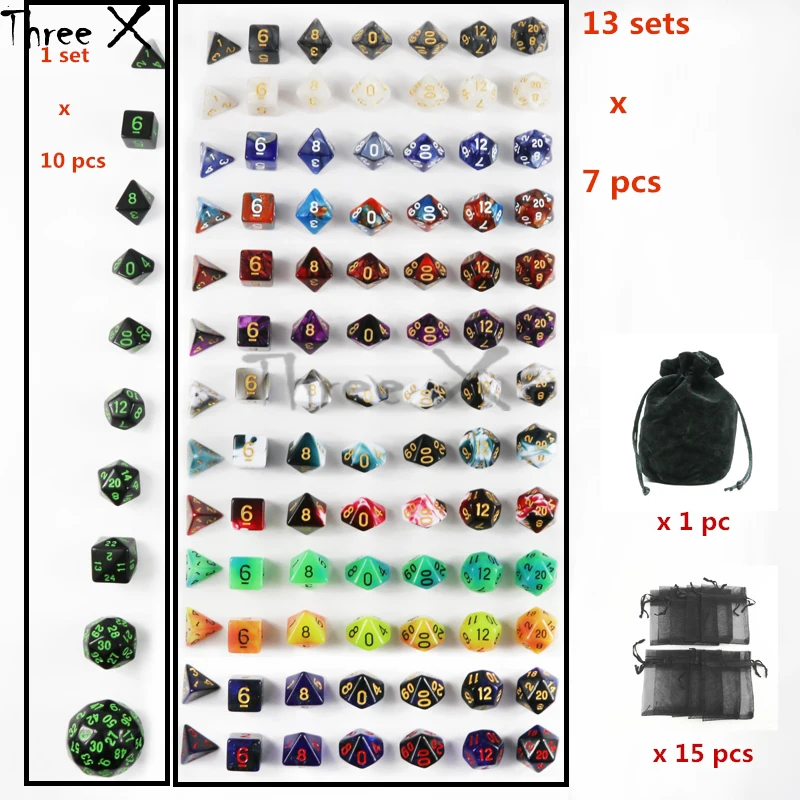101 шт. кости с сумкой многогранные D4 D6 D8 D10 % D12 D20 D30 D60 для ролевых игр DnD настольные