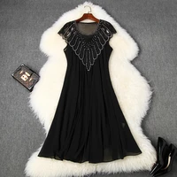 superior quality 2021 summer loose dress women sexy nail bead round neck club dress large size retro sexy party dresses black