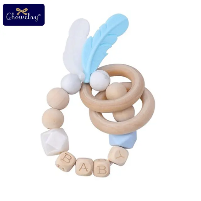 19CP0106 1 шт. детские игрушки Силиконовый браслет с перьями бука деревянные Прорезыватели для зубов DIY Детские Настраиваемые имя деревянные погремушки Прорезыватели грызунов - Цвет: 19CP0106