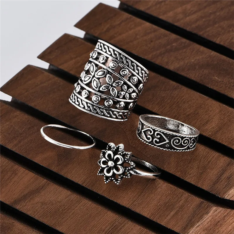 Винтажные полые листья цветок резное сердце геометрические кольца набор