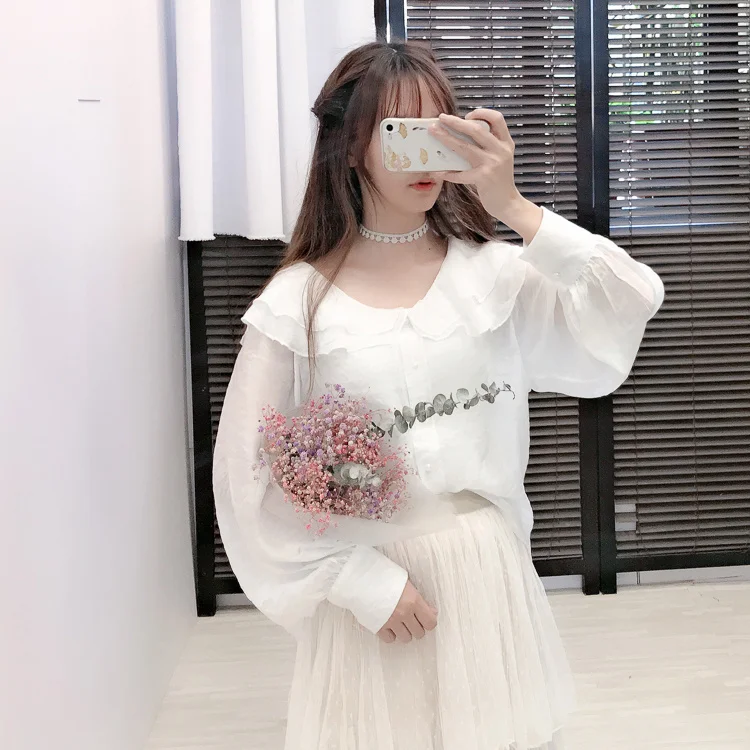 Шикарная мягкая рубашка с гофрированным кукольным воротником свободная длинным