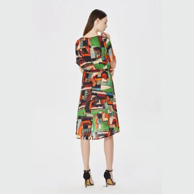 Женское винтажное платье с принтом Элегантное Шелковое Платье одним вырезом для