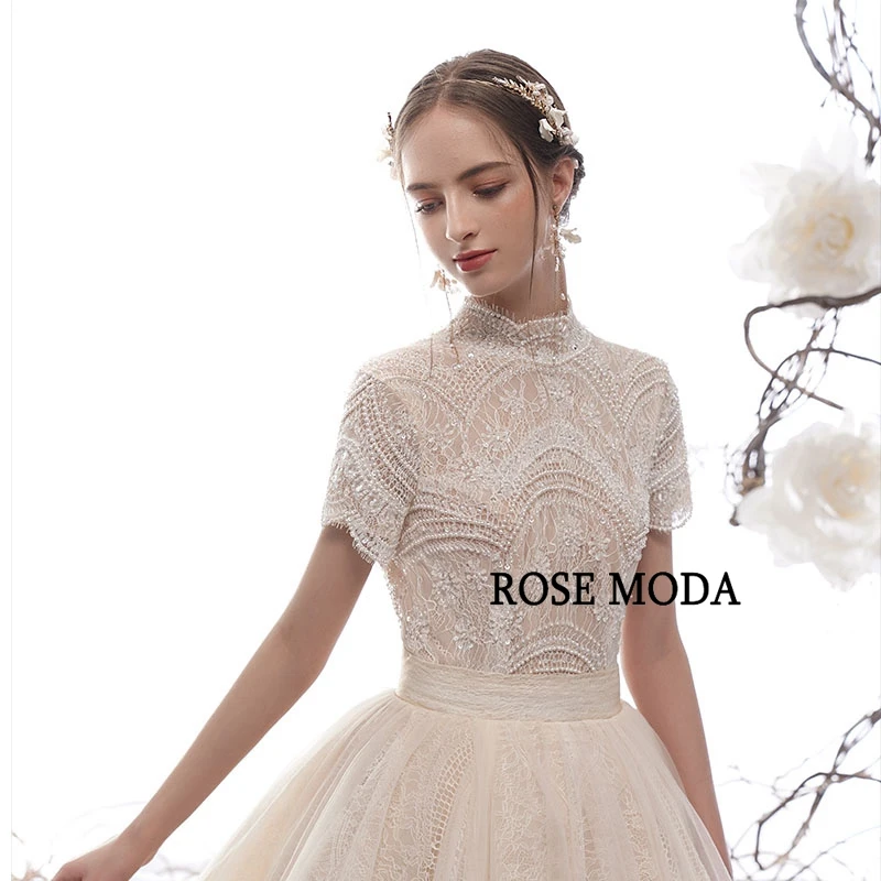 Розовое Платье Moda с высоким вырезом и короткими рукавами кружевное свадебное