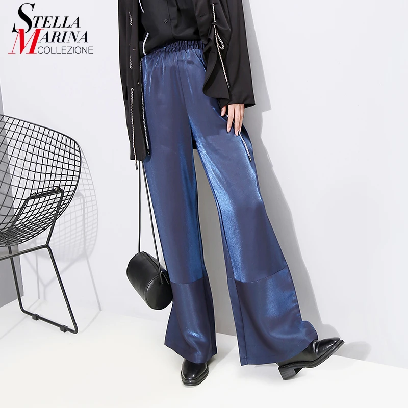 * Новинка 2019 корейский стиль женские синие длинные прямые штаны блестящие с