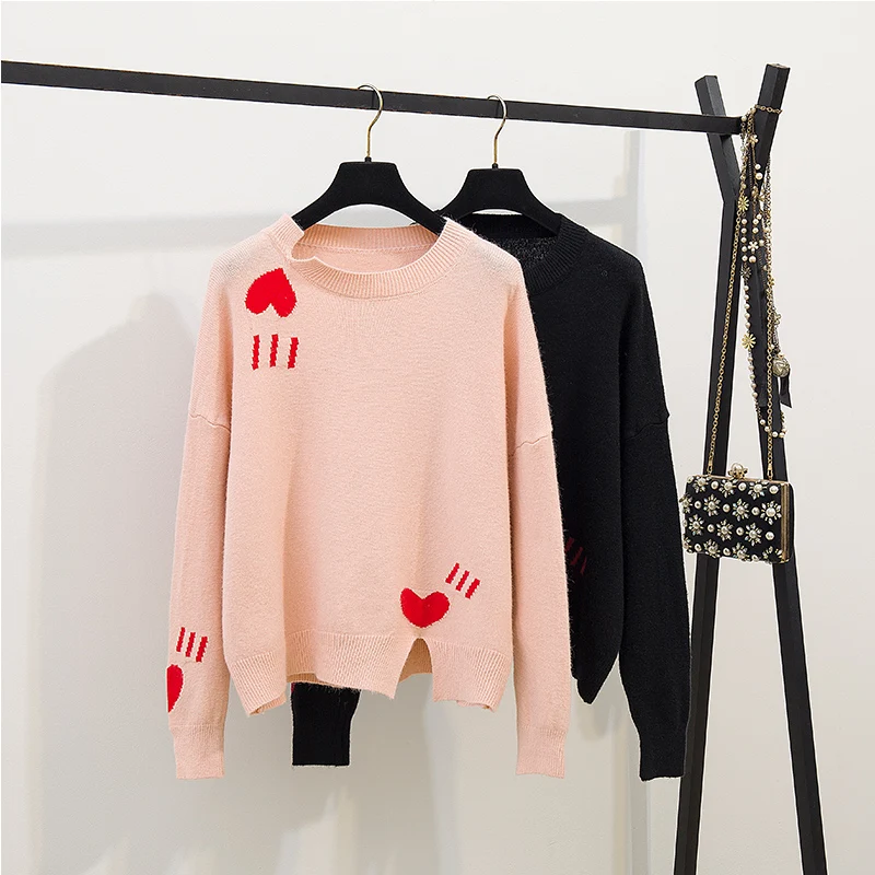 

Two-Piece Clothing Set Women New Winter Knitting Love A Word Skirt Pink Sweater & Button Skirts Short Skirt Top Knitwear