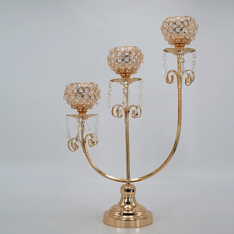 

Free-Shipment Tall Three head crystal candlestick gold plated metal strand candelabras for home wedding decoration gift crafts