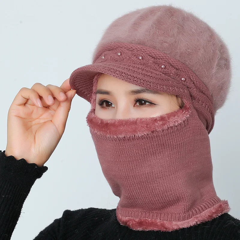 Высококачественные зимние шапки для женщин Skullies Beanie cap шляпки из шерсти набор теплая маска Gorras шапка из кроличьего меха Вязаная Шапка