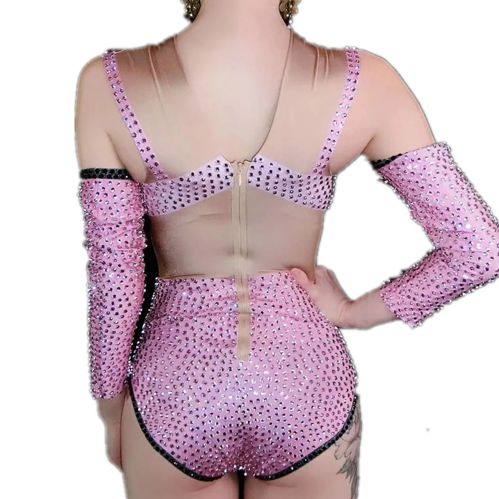 Розовый боди в стразах Соблазнительные личность костюмы для сцены девушек
