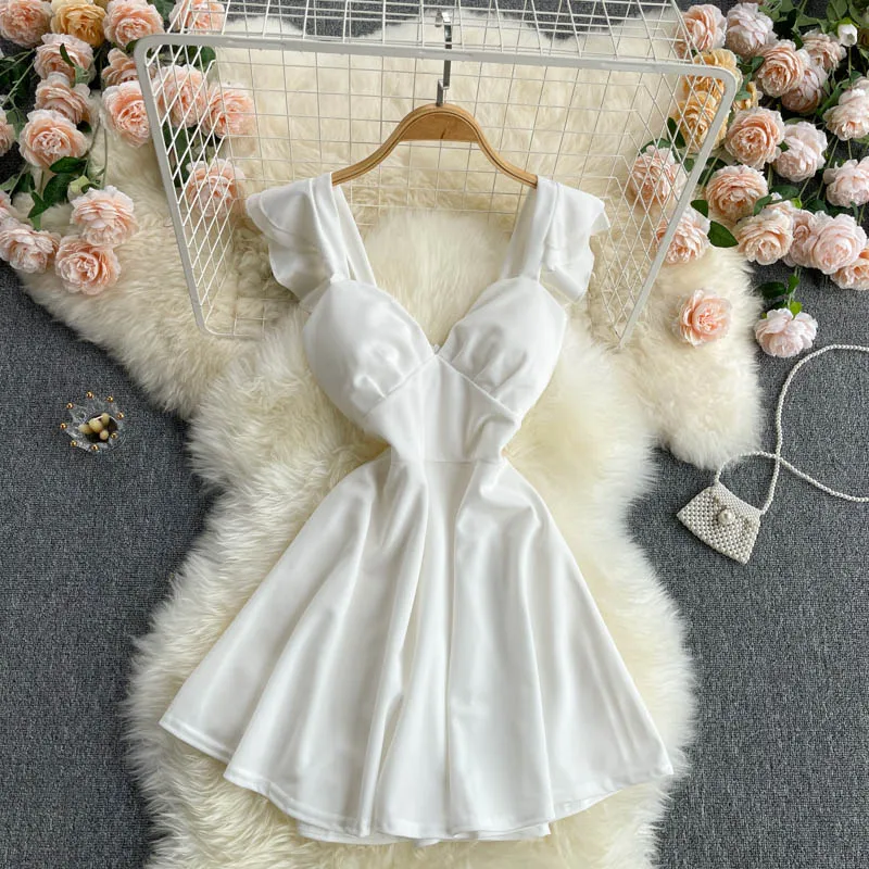 

2021 Summer New Sexy Backless Layered Ruffled Dress Party Women White Black Red A Line Beach Clothing Casual Short Mini Dresses
