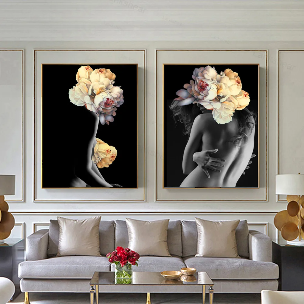 Плакаты в скандинавском стиле декоративные настенные цветы перья обнаженные