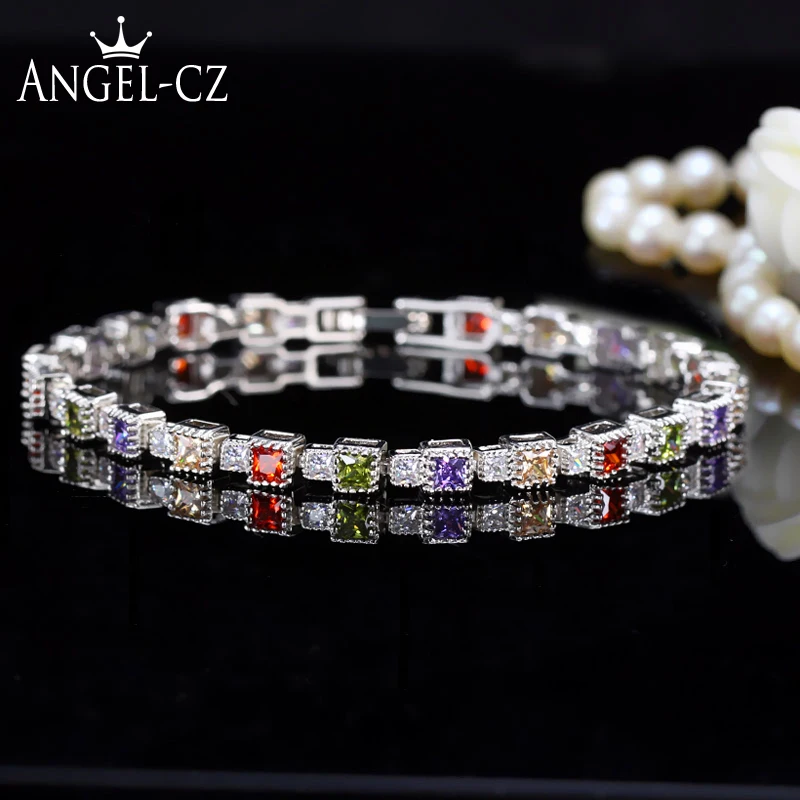 

ANGELCZ Exquisite Silvery CZ Tennis Bracelets Bangles Inlaid Square Red Green Cubic Zirconia Jewelry For Women AB108