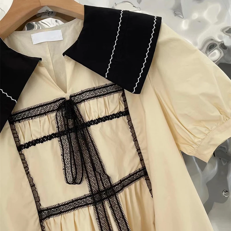 

VGH Elegant Hit Color Dress For Women O Neck Short Sleeve Patchwork Lace Casual Korean Dresses Female Fashion New Clothing 2021