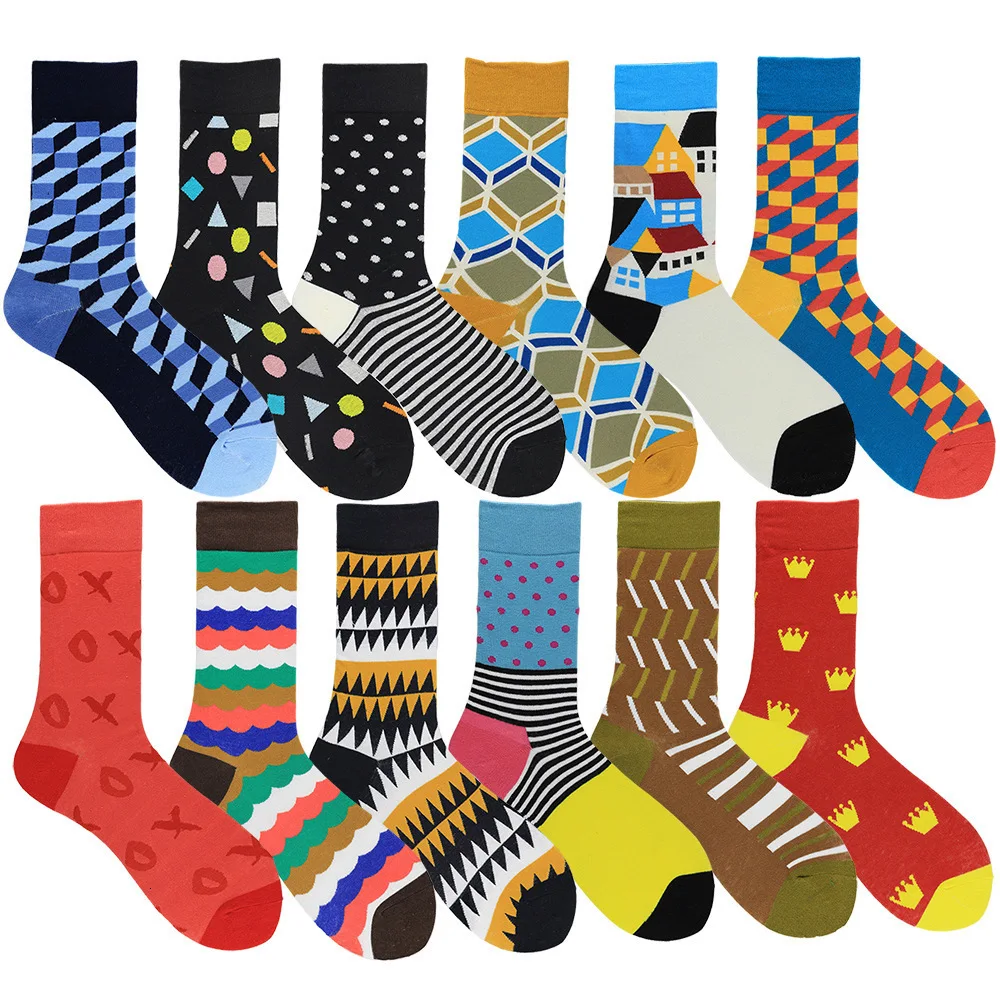 3 пар/лот 2019 мужские цветные носки в клетку с геометрическим рисунком чесаные