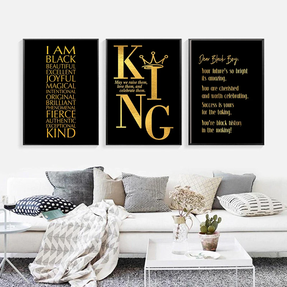 

I Am Black Self Love Golden Quote Canvas Poster Wall Art Print Positive Affirmation Painting Decorative Picture Home Living Room