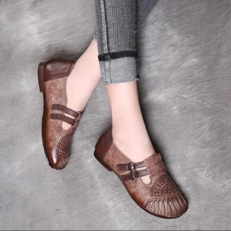 2021 Spring Flat Shoes Autumn Woman Retro Handmade Shoes Women Casual Shoes Genuine Leather Soft Bottom Ladies Shoes Flat Shoes
