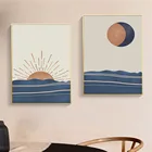 Абстрактный настенный плакат с изображением Солнца и Луны, синее море, художественный принт, рассвет, пейзаж, холст, картины в стиле бохо, современный декор для гостиной