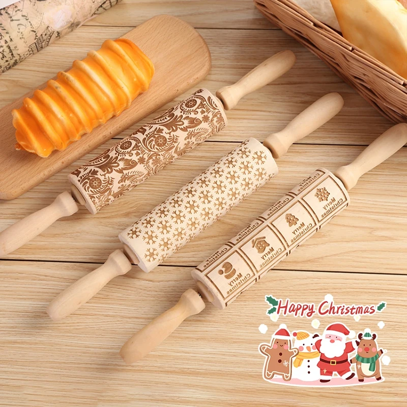 

Christmas Rolling Pin Wooden Dough Stick Carving Embossing Baking Tools Dough Rollers Kitchen Bakeware Snowflake Reindeer Crafts