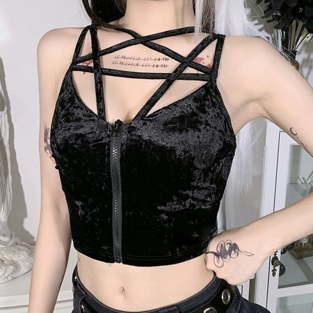 

2021 Summer Fashion New Girl Five-star Zipper Suede Tank Top Western Style Fashion High Street Sexy Cross Navel Solid Color