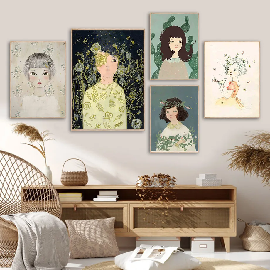 

Cactus Girl Flower Leaf Bird Nordic Posters And Prints Wall Art Canvas Painting Wall Pictures For Living Room Surrealism Decor