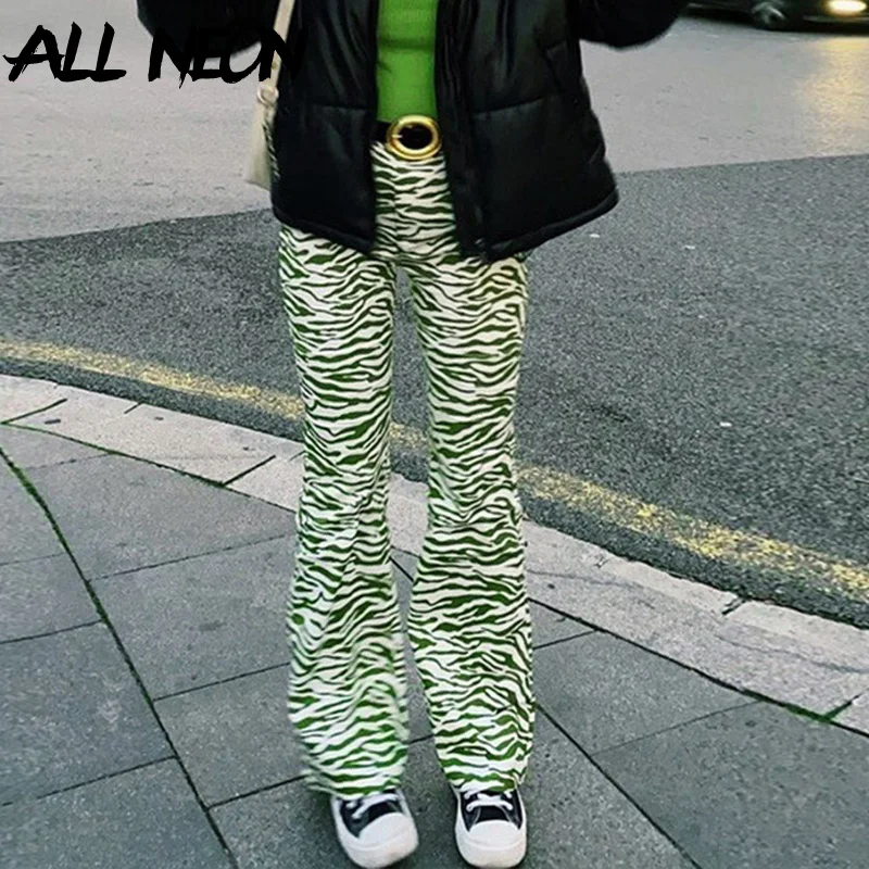 

ALLNeon Vintage Streetwear Y2K Green Zebra Print Flare Pants Indie Aesthetics High Waist Full Length Baggy Trousers 90s Fashion