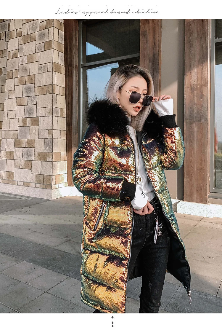 Модная зимняя длинная куртка с голограммой для девочек блестящее пальто