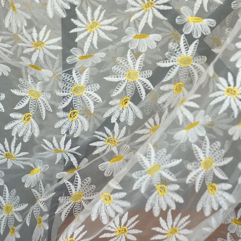 Сетчатая ткань с вышивкой в виде цветов ромашки 1 метр мягкая кружевная для