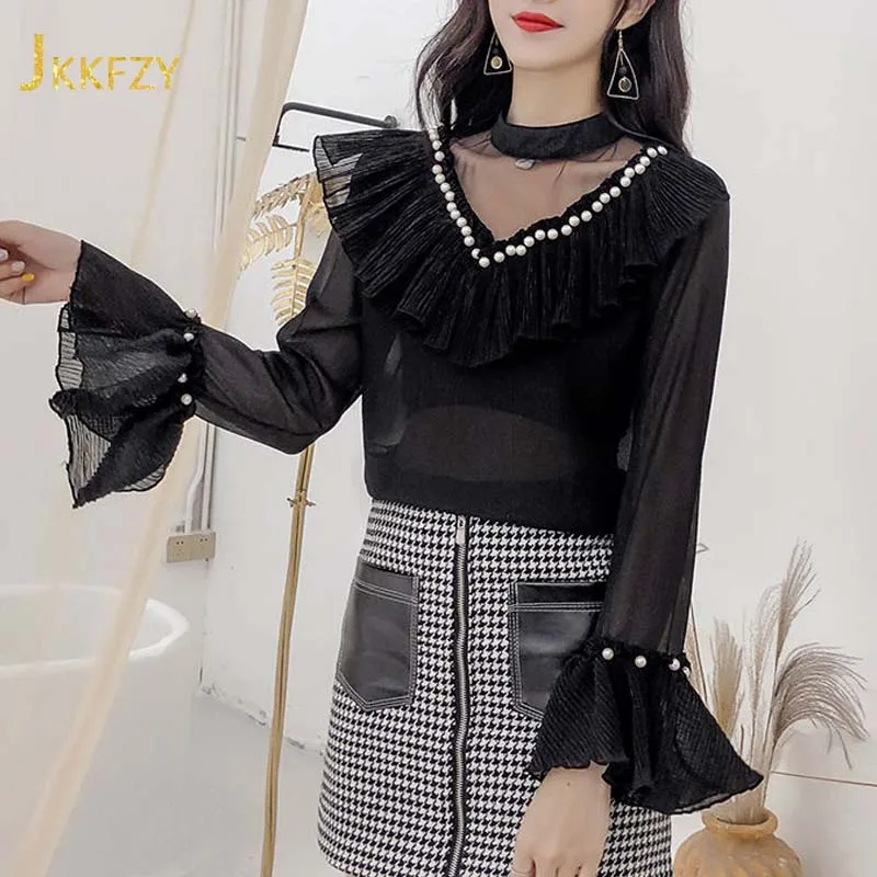 

2021 Spring Splicing Beaded Stand-up Collar Shirt Woman Elegant Flared Long Sleeve Casual Chiffon Blouse Solid White Tops Female