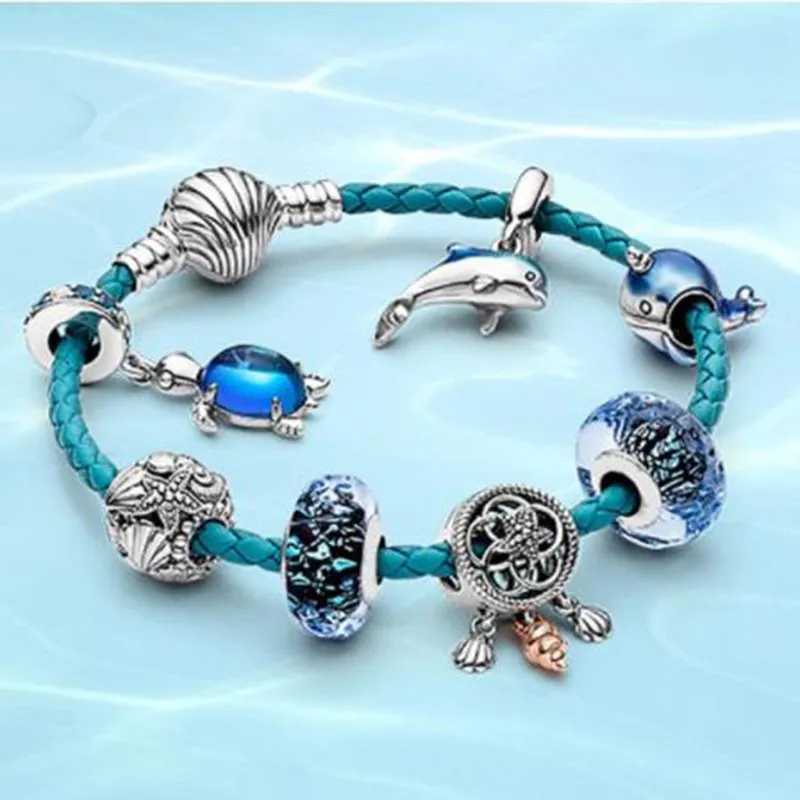 

100% S925 Sterling Silver Summer Ocean Series Blue Secret Fish Starfish Turtle Glass Shell Leather Fashion Pan Bracelet Female