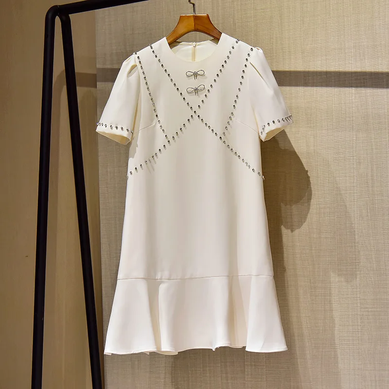

2021Summer new heavy industry short-sleeved dress women's diamond-studded beaded bow ruffled fashion A-line fishtail skirt XL