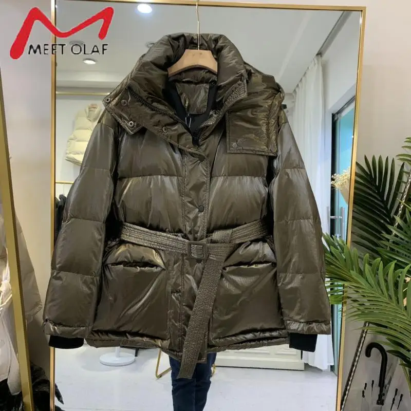 Casual Loose Glossy Hooded Down Jacket Women Fashion Solid Winter Thick Warm White Duck Coats Female Elegant Belt Parkas 