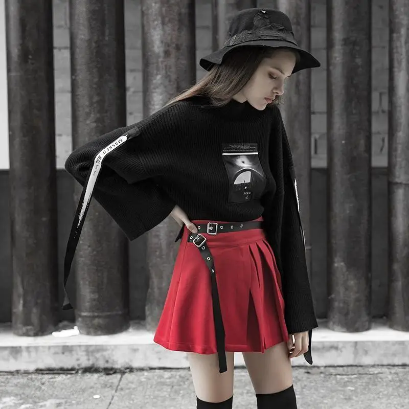 Женские плиссированные мини-юбки с поясом красные в стиле панк PQ-486BQ размеры: S-L |