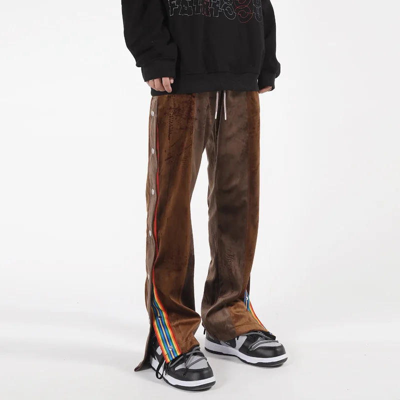 

Новое поступление, коричневые мужские флисовые спортивные штаны с боковыми кнопками в стиле хип-хоп, прямые повседневные мешковатые брюки, ...