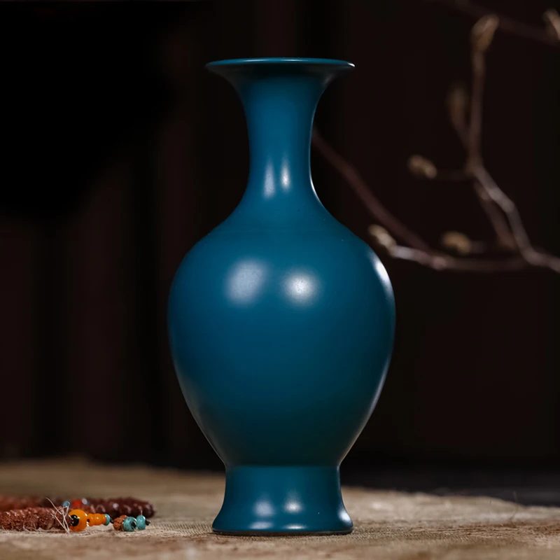 

Jingdezhen Ceramic Peacock Blue Color Glaze Vase Antique Living Room Household Flower Vase Ornaments Antique Decorations