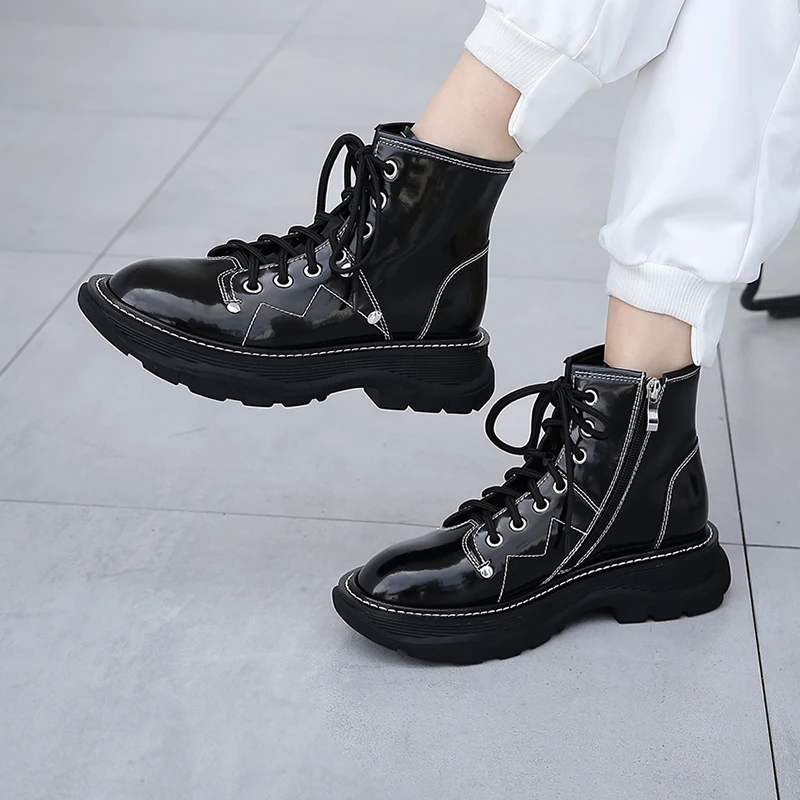 Murah Ukuran 34-40 Sepatu Wanita Sepatu Pergelangan Kaki Musim Gugur British Kulit Asli Tebal Dengan Sepatu Bot Pendek Sepeda Motor Martin Sepatu