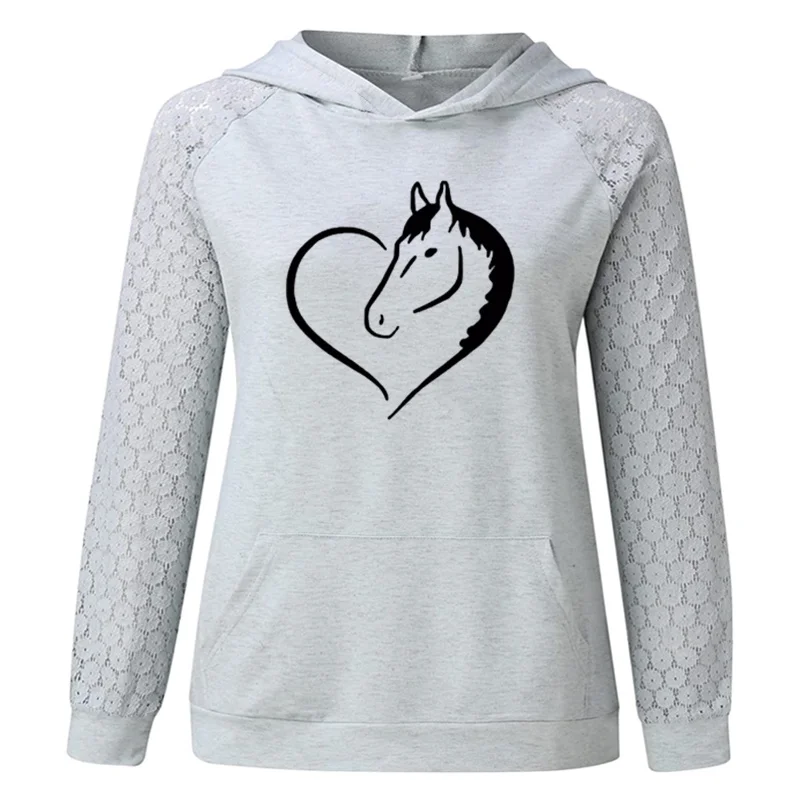 

Horse Shape Heart Print Casual Hoodies Women Long Sleeve Pockets Slim Women Sweatshirts Ladies Winter Fashion Sweatshirt Tops