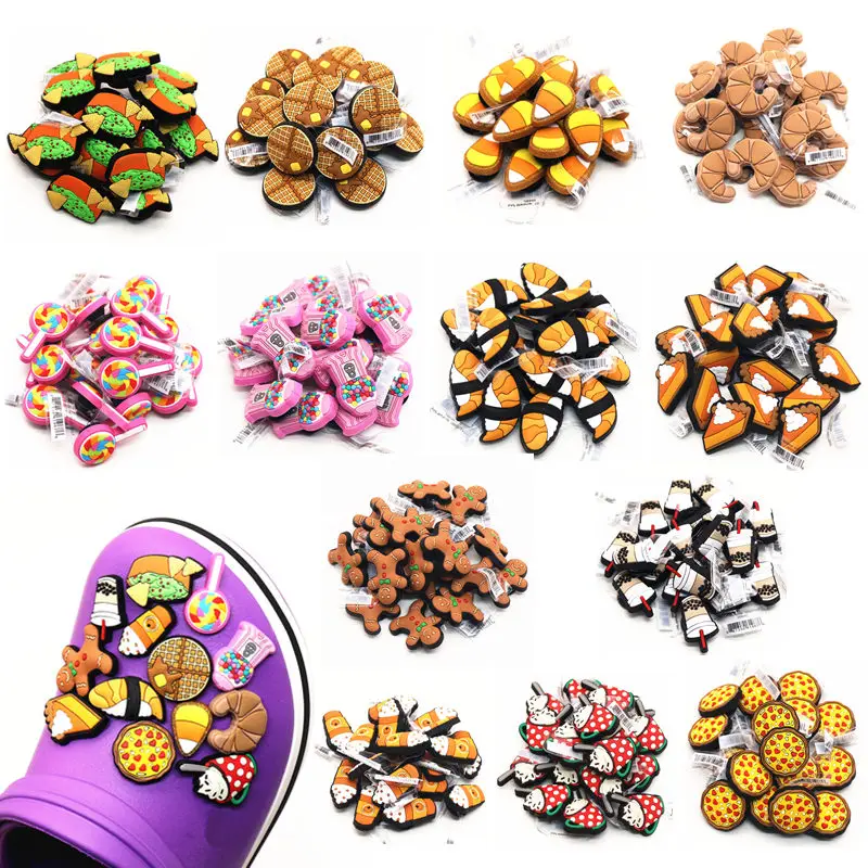 

Wholesale Pizza Milk tea Croissant Candy Shoe Charms PVC Cute ice cream Shoes Buckle Accessories fit Croc JIBZ X-mas Kids Gifts
