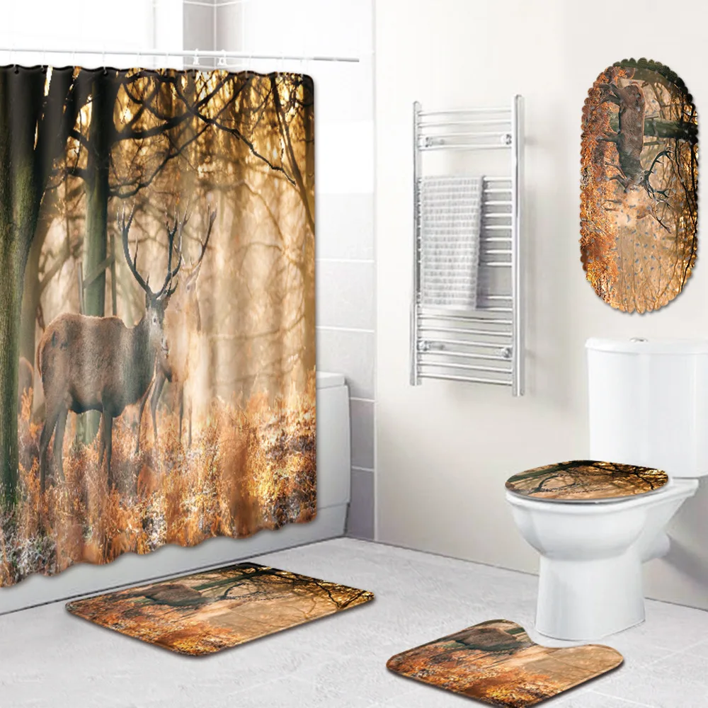 

Elk Shower Curtain Bathroom Mat Five-Piece Bathroom Toilet Carpet Shower Mat shower curtain set bath mats rugs bamboo bath mat