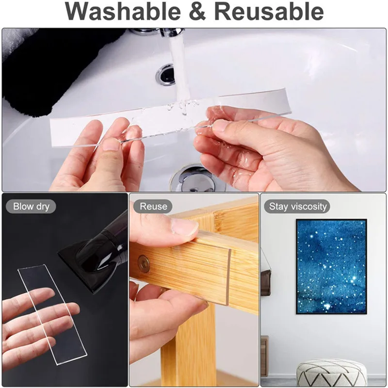 

Waterproof Adhesive Tape Nano Tape Double Sided Tape Transparent No Trace Reusable Cleanable Home gekkotape 1M/2M/5M