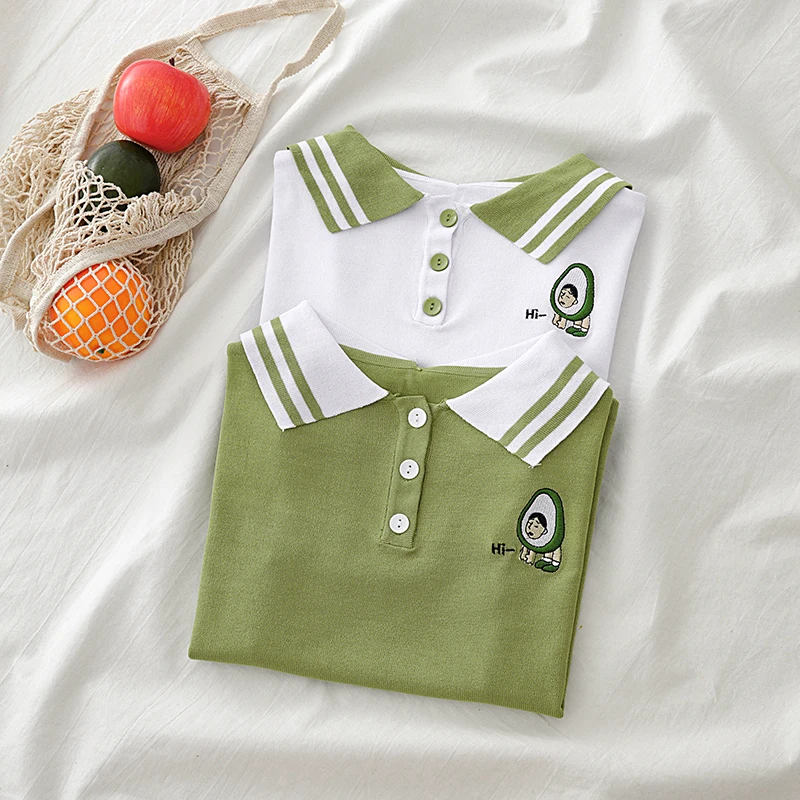 HELIAR Green Polo Shirt Knit Peter pan Collar Knitted T-shirts Short Sleeve Casual Solid High Street For Women | Женская одежда