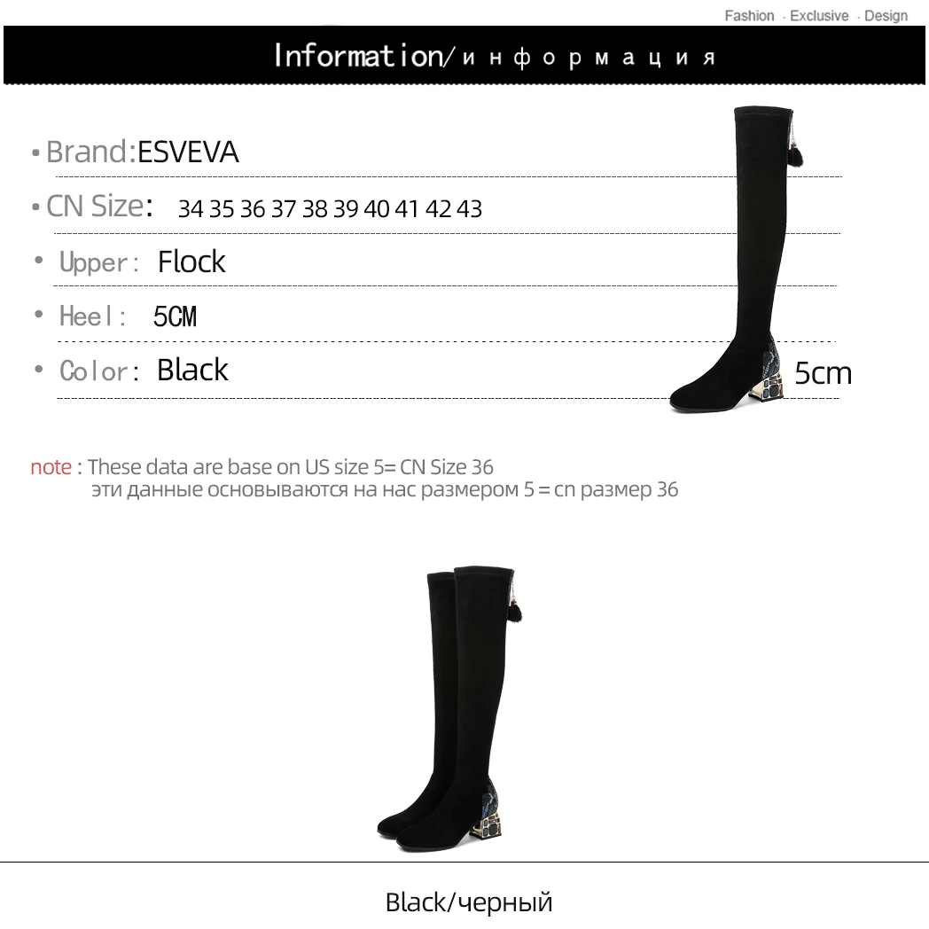 

ESVEVA 2021 Flock Over The Knee Boots Women Boots Winter Women Shoes Round Toe Med Heel Black Zipper Boots Size 34-43