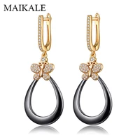 maikale luxury black white ceramic earrings paved aaa zirconia gold silver color butterfly hanging drop earrings for women gifts