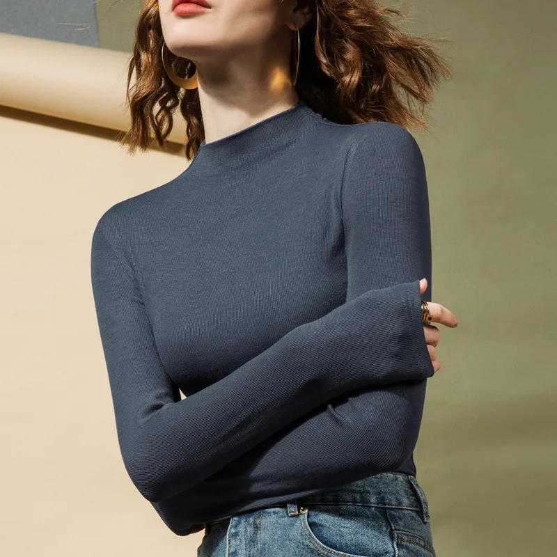 

new concise inner wear bottoming shirt autumn and winter small high-neck stretch small shirt women's long-sleeved top BLACK